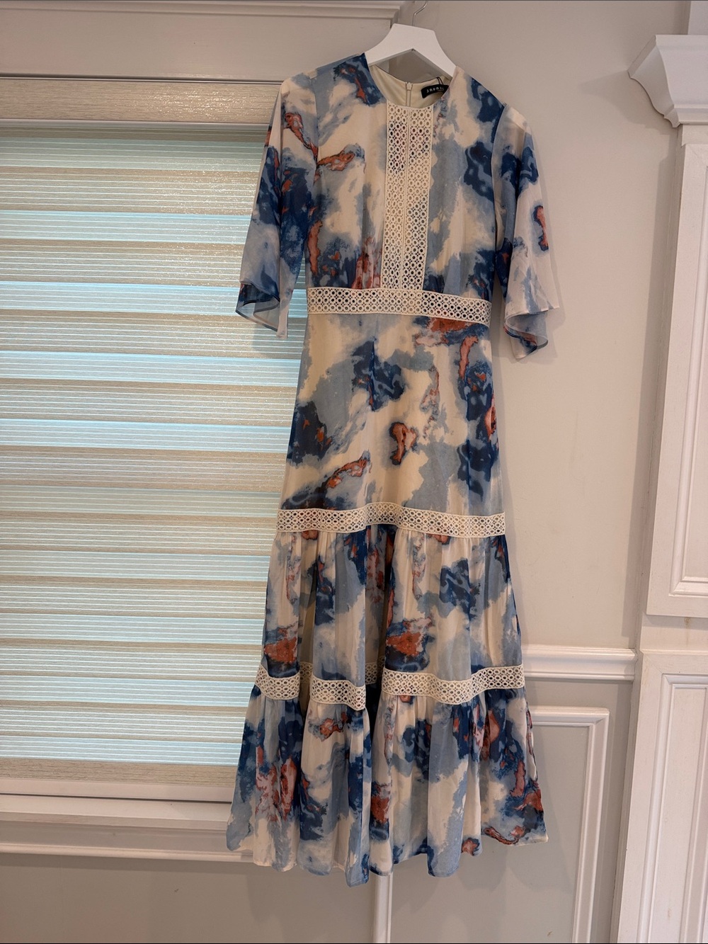 Blue & Cream Watercolor Lace-Trim Gown